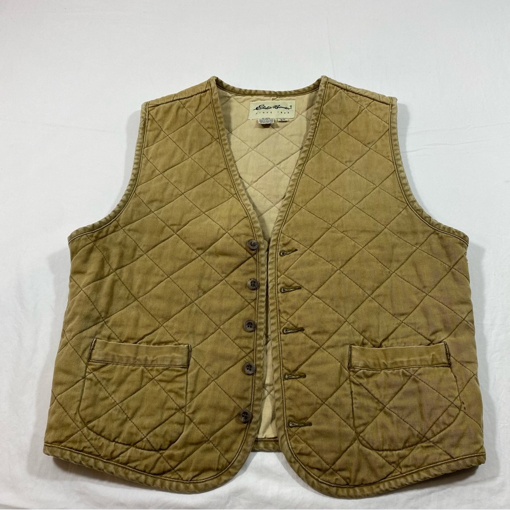 Eddie Bauer Quilted Vest Tan S/P Men’s Button Down quilted Casual Vest P…
